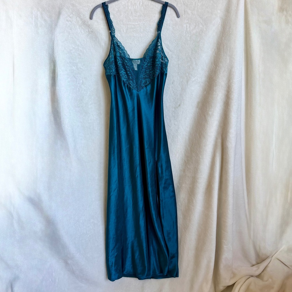 Vintage Victorias Secret Teal Satin Lace Trim Maxi Slip Nightgown Size Large
